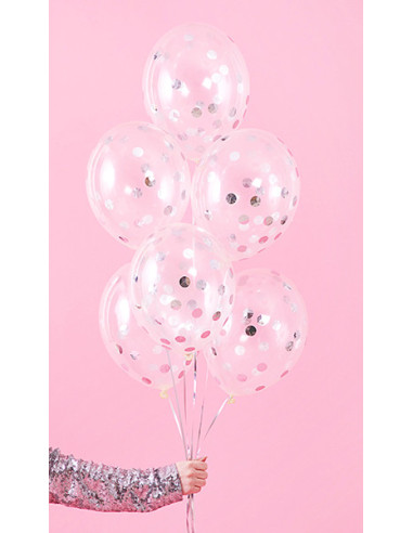 Balony z konfetti - kółka, 30cm, srebrny (1 op. / 6 szt.)