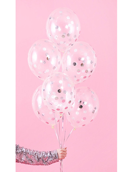 Balony z konfetti - kółka, 30cm, srebrny (1 op. / 6 szt.)