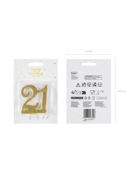 Świeczka urodzinowa liczba 21, złoty, 7.5cm