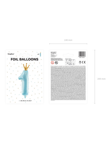 Balon foliowy Cyfra '1', 37x100 cm, błękit