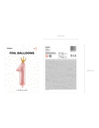 Balon foliowy Cyfra '1', 37x100 cm, jasny różowy
