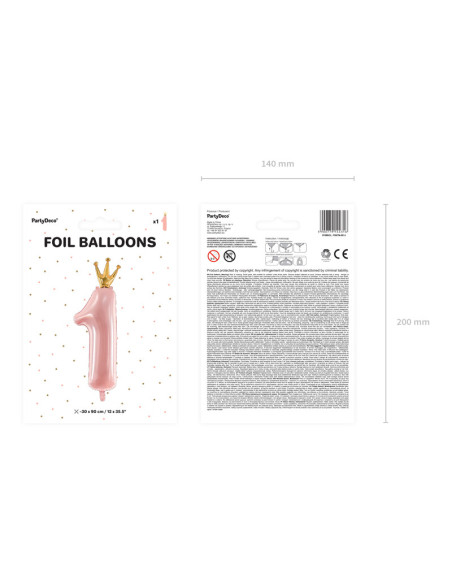 Balon foliowy Cyfra '1', 37x100 cm, jasny różowy