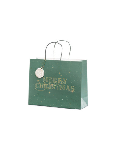 Torebka na prezenty Merry Christmas, butelkowa zieleń, 32.5x26.5x11.5cm