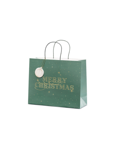 Torebka na prezenty Merry Christmas, butelkowa zieleń, 32.5x26.5x11.5cm
