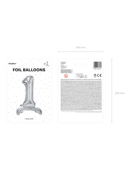 Stojący balon foliowy Cyfra ''1'', 70cm, srebrny