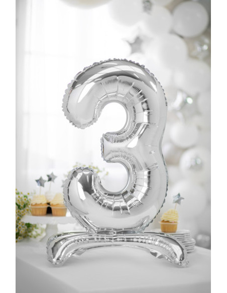 Stojący balon foliowy Cyfra ''3'', 70cm, srebrny