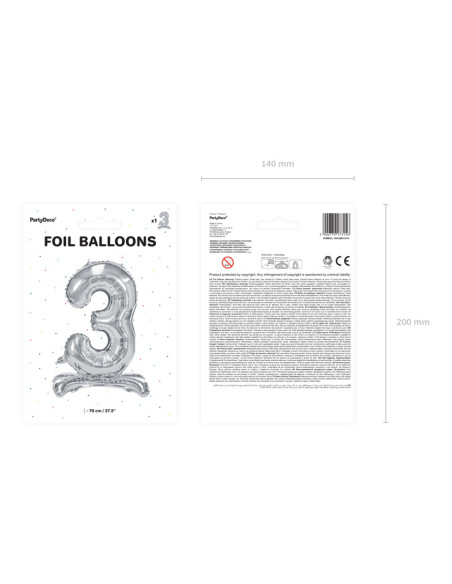 Stojący balon foliowy Cyfra ''3'', 70cm, srebrny
