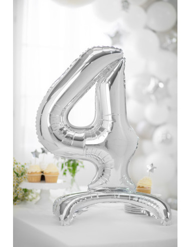 Stojący balon foliowy Cyfra ''4'', 70cm, srebrny