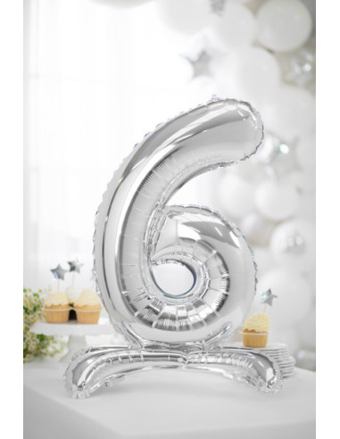 Stojący balon foliowy Cyfra ''6'', 70cm, srebrny