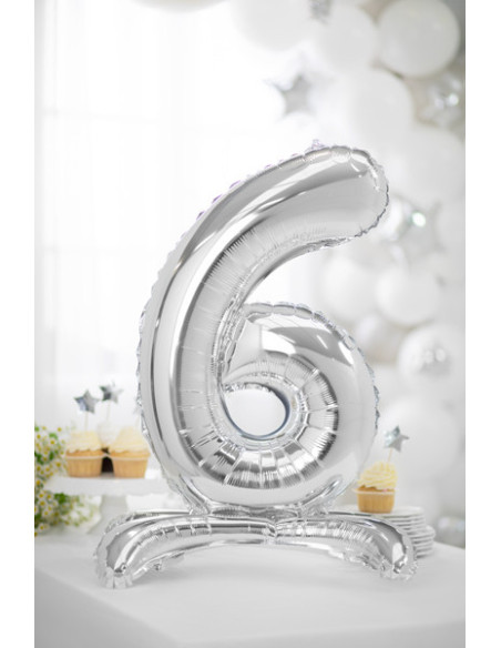 Stojący balon foliowy Cyfra ''6'', 70cm, srebrny