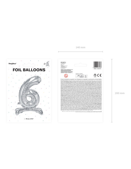 Stojący balon foliowy Cyfra ''6'', 70cm, srebrny