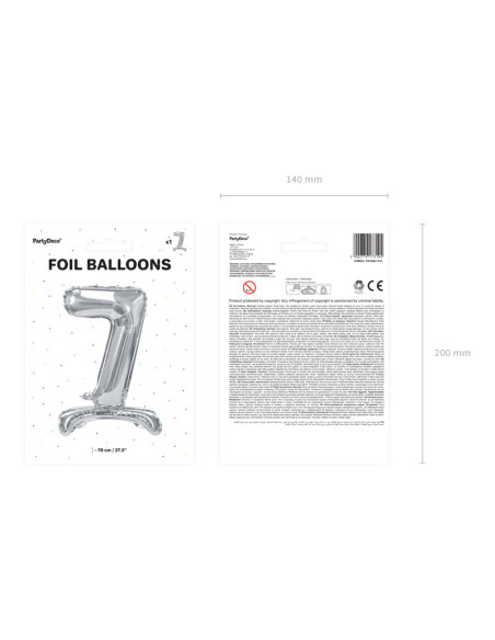 Stojący balon foliowy Cyfra ''7'', 70cm, srebrny