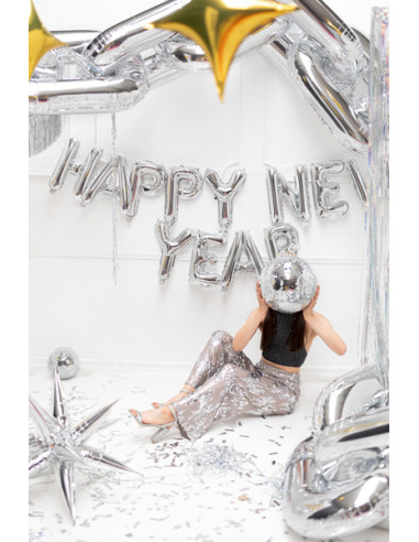 Balon foliowy Happy New Year, 422x46 cm, srebrny