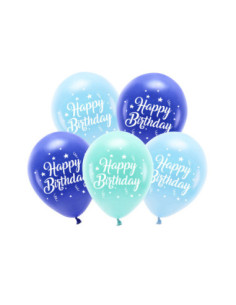 Balony Eco 26 cm, Happy Birthday, niebieski (1 op. / 5 szt.)