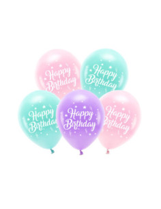 Balony Eco 26 cm, Happy Birthday, różowy (1 op. / 5 szt.)