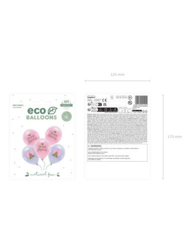 Balony Eco 33 cm, Happy Birthday, mix (1 op. / 5 szt.)