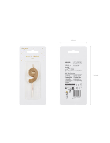 Świeczka urodzinowa Cyferka 9, 4.5 cm, złoty