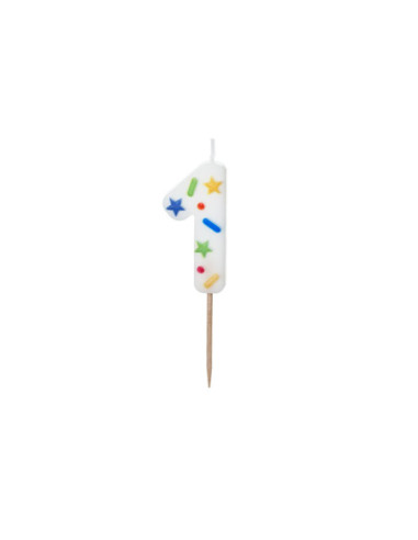 Świeczka urodzinowa Cyfra ''1'', biała konfetti, 5.5cm