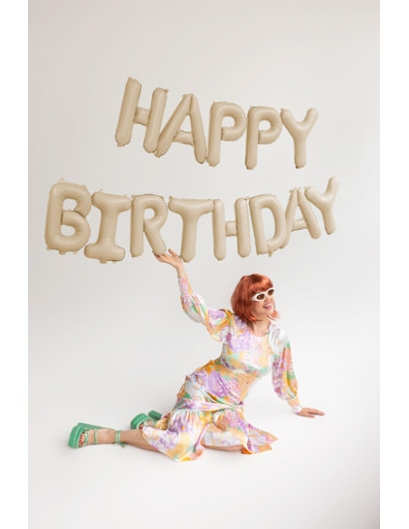 Balon foliowy Happy Birthday, 340x35cm, beż