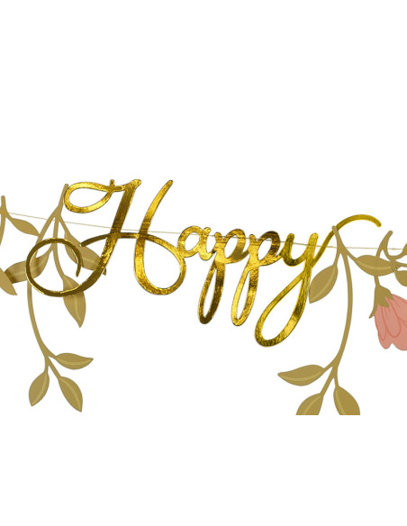 Baner Happy Birthday Kwiaty, różowo-złoty, 1.3m