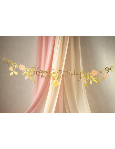 Baner Happy Birthday Kwiaty, różowo-złoty, 1.3m