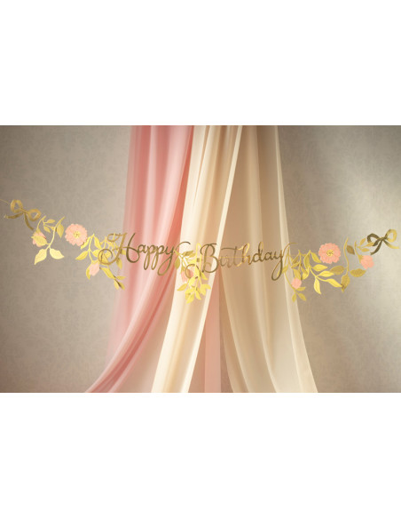 Baner Happy Birthday Kwiaty, różowo-złoty, 1.3m