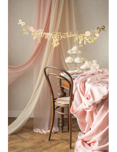 Baner Happy Birthday Kwiaty, różowo-złoty, 1.3m