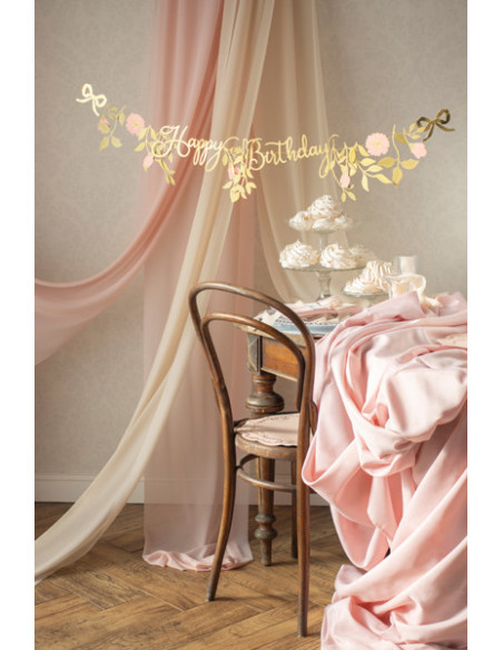 Baner Happy Birthday Kwiaty, różowo-złoty, 1.3m