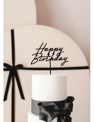Topper akrylowy na tort Happy Birthday, czarny, 16.5 cm
