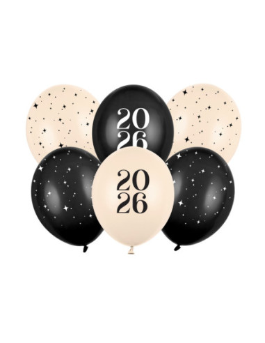 Balony 30 cm, Happy New Year 2026, Pastel Mix (1 op. / 6 szt.)
