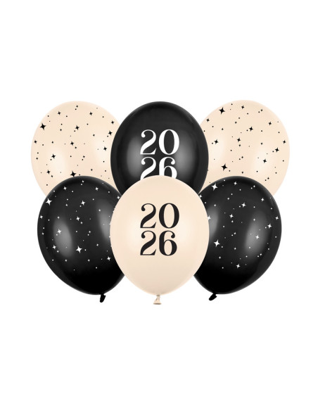 Balony 30 cm, Happy New Year 2026, Pastel Mix (1 op. / 6 szt.)