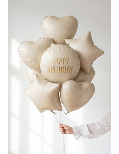 Balon foliowy pastylka Happy Birthday, 35x35 cm, kremowy