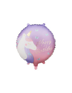 Balon foliowy pastylka Happy Birthday z jednorożcem, 35x35 cm, mix