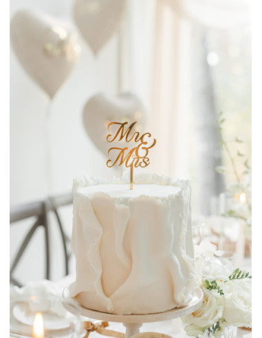 Topper akrylowy na tort MR & MRS, złoty, 16.5 cm