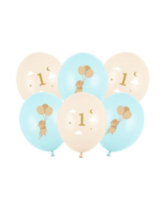 Balony 30 cm, Myszki z cyferką 1, Light Blue (1 op. / 6 szt.)