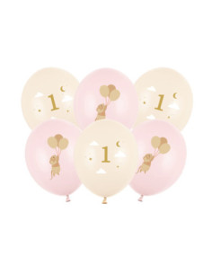 Balony 30 cm, Myszki z cyferką 1, Pale Pink (1 op. / 6 szt.)