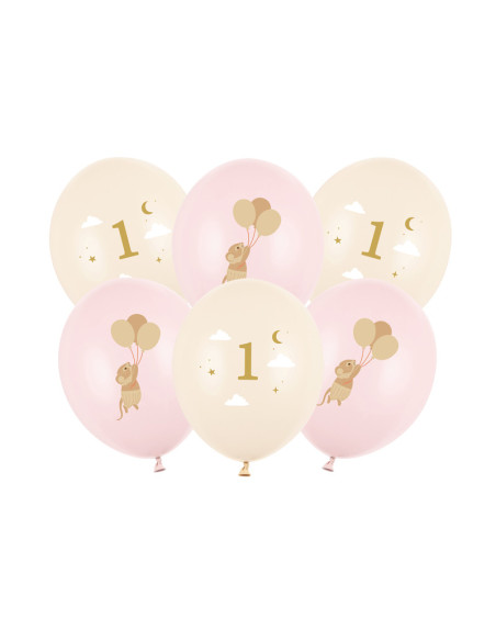 Balony 30 cm, Myszki z cyferką 1, Pale Pink (1 op. / 6 szt.)
