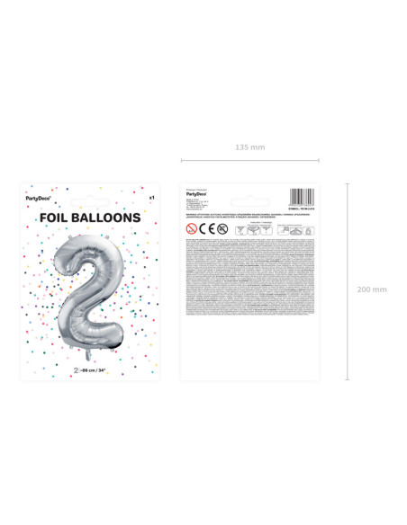 Balon foliowy Cyfra ''2'', 86cm, srebrny