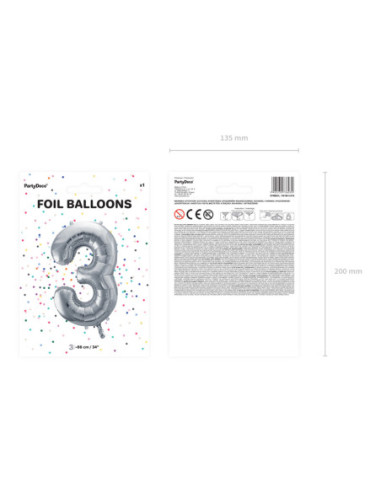 Balon foliowy Cyfra ''3'', 86cm, srebrny