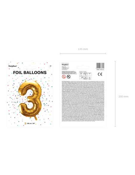 Balon foliowy Cyfra ''3'', 86cm, złoty