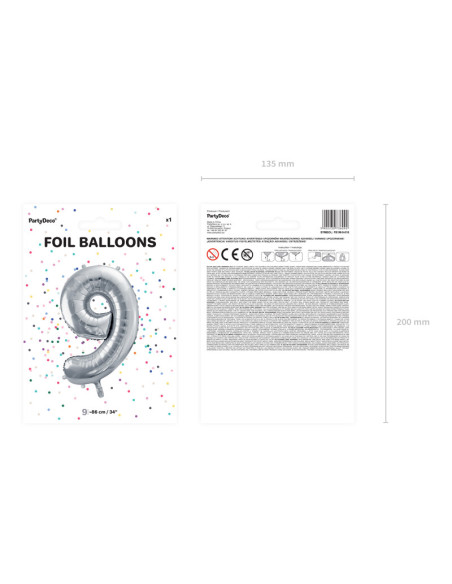 Balon foliowy Cyfra ''9'', 86cm, srebrny