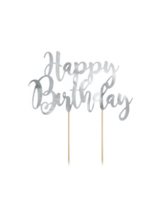 Topper na tort Happy Birthday, srebrny, 22,5cm