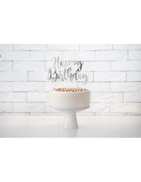 Topper na tort Happy Birthday, srebrny, 22,5cm