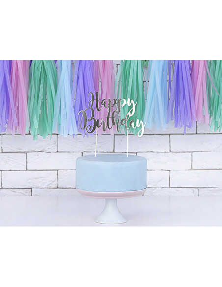 Topper na tort Happy Birthday, srebrny, 22,5cm