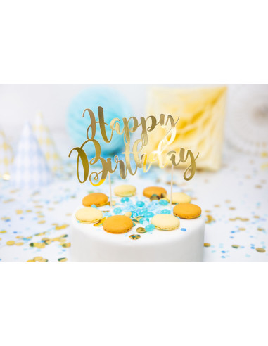 Topper na tort Happy Birthday, złoty, 22,5cm