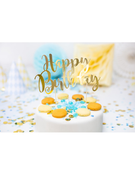 Topper na tort Happy Birthday, złoty, 22,5cm