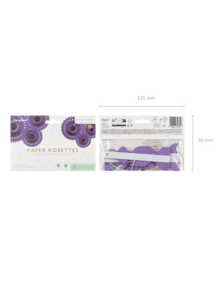 Rozety dekoracyjne, fiolet, 20-30cm (1 op. / 3 szt.)