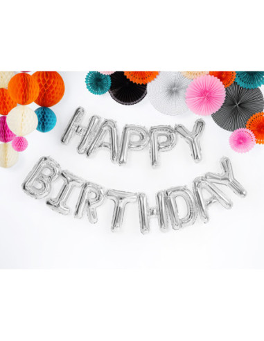 Balon foliowy Happy Birthday, 340x35cm, srebrny