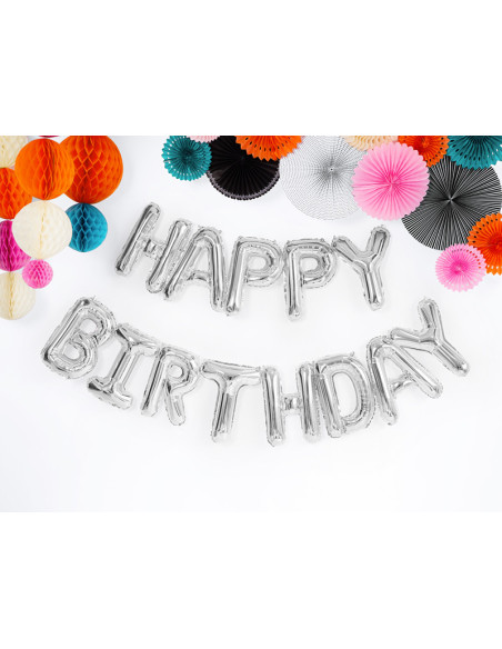 Balon foliowy Happy Birthday, 340x35cm, srebrny