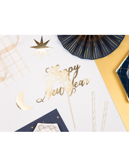 Topper na tort Happy New Year, złoty, 24cm